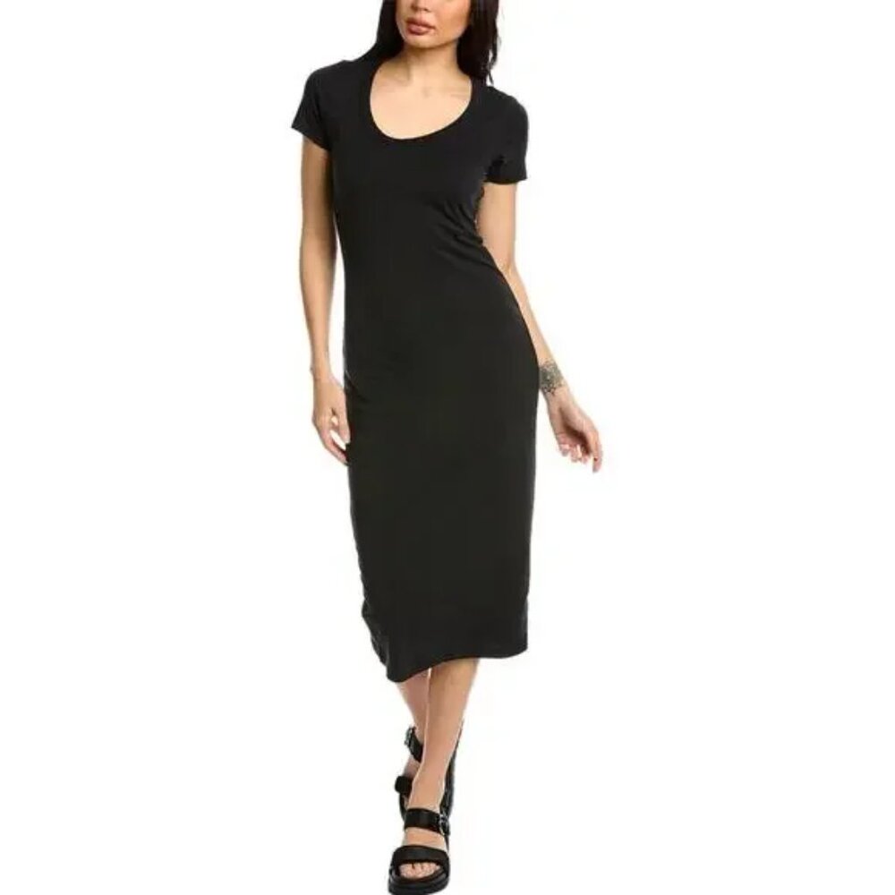 James Perse Midi‎ Dress Women's Size M Black Ribbed Fitted Stretch